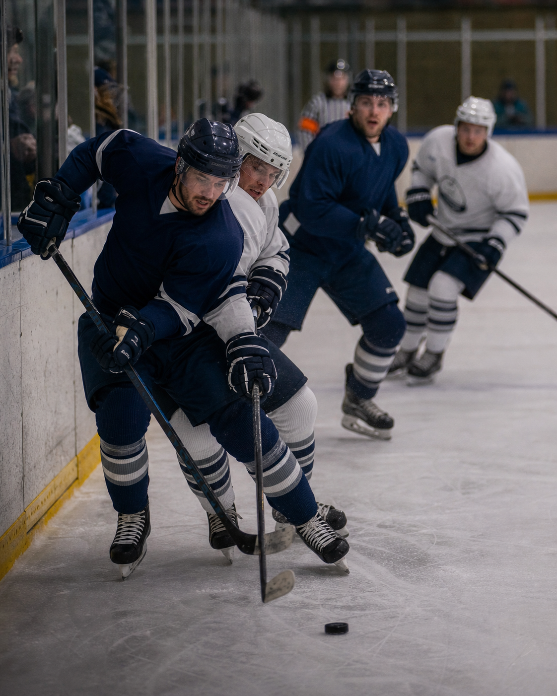 Ice hockey players battling for the puck