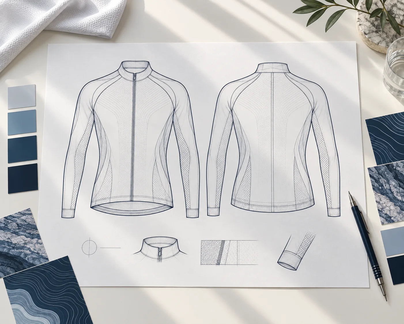 Long-sleeve cycling jersey front and back sketches on paper with seam and placement details