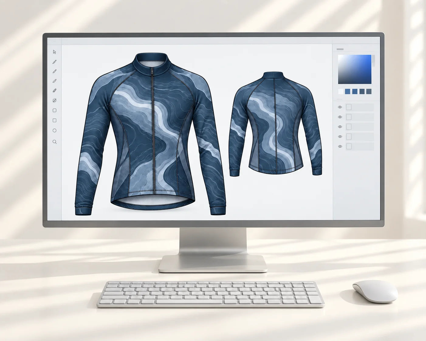 Front view of a minimal illustrated digital design workspace with navy long-sleeve cycling jersey front and back concepts on screen