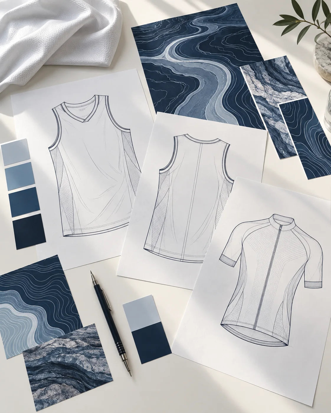 Original teamwear design concept with jersey sketches, navy color swatches and nature-inspired patterns