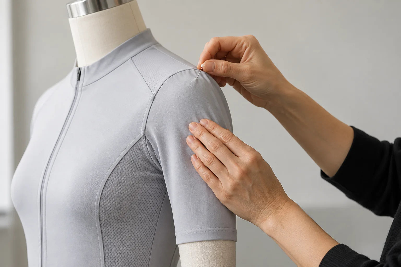 Hands adjusting a gray cycling jersey on a dress form