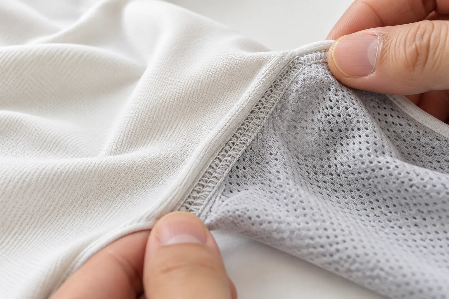 Close-up of sportswear mesh, fabric texture and seam finishing