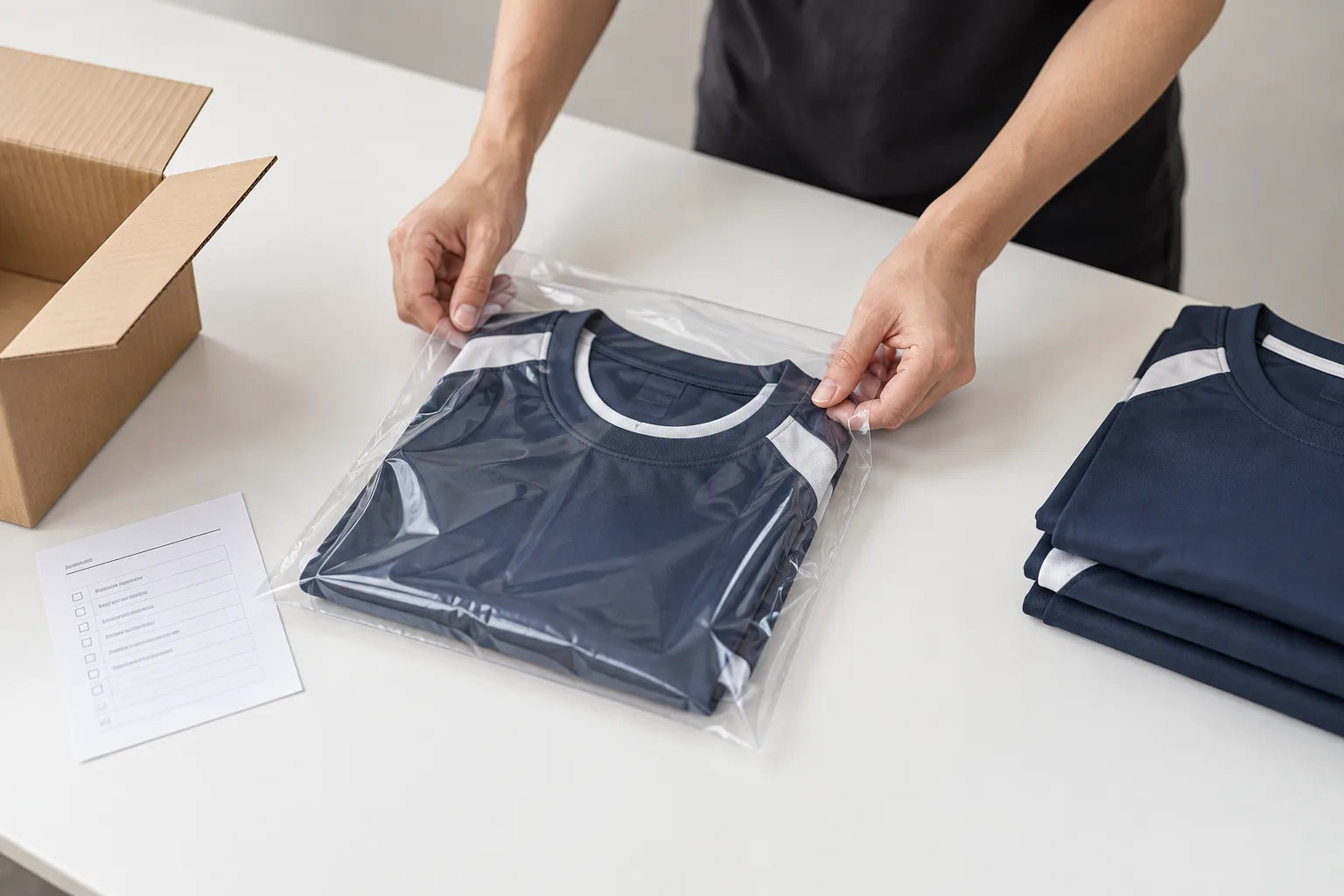 A navy sports jersey being prepared for packing on a clean worktable