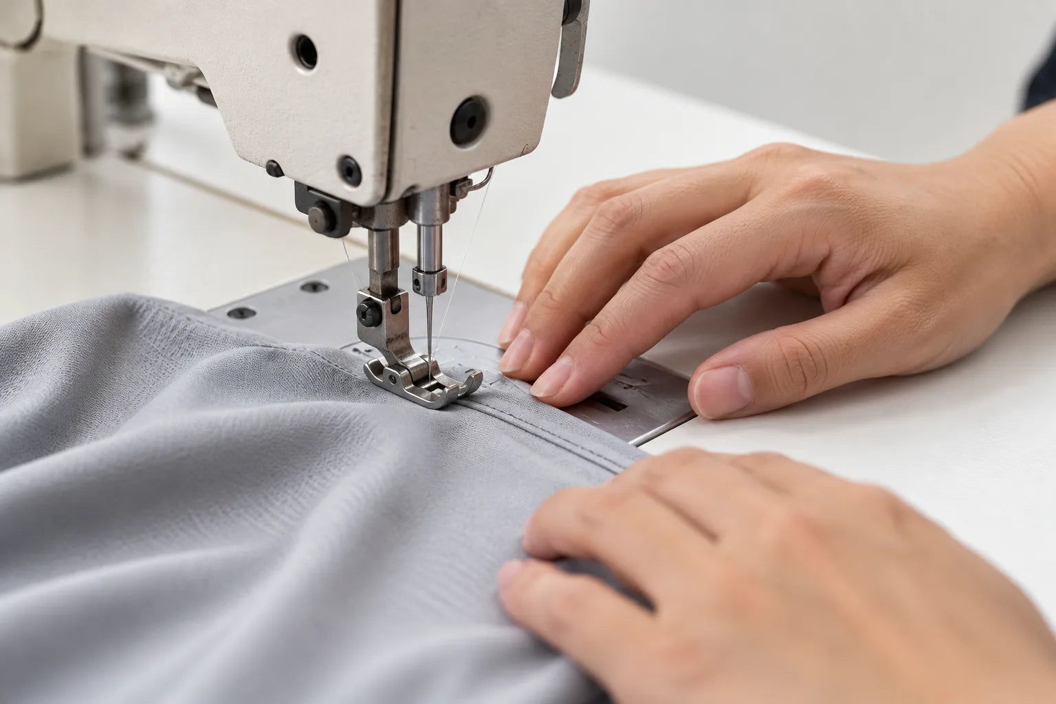 Hands guiding gray sportswear fabric through a sewing machine